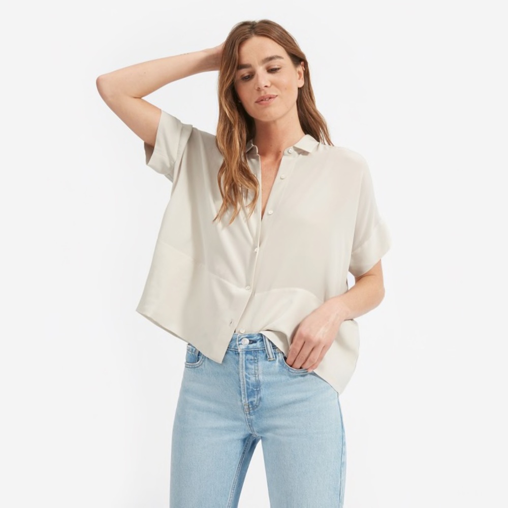 Everlane Silk Short-Sleeve Shirt in “White-Grey”